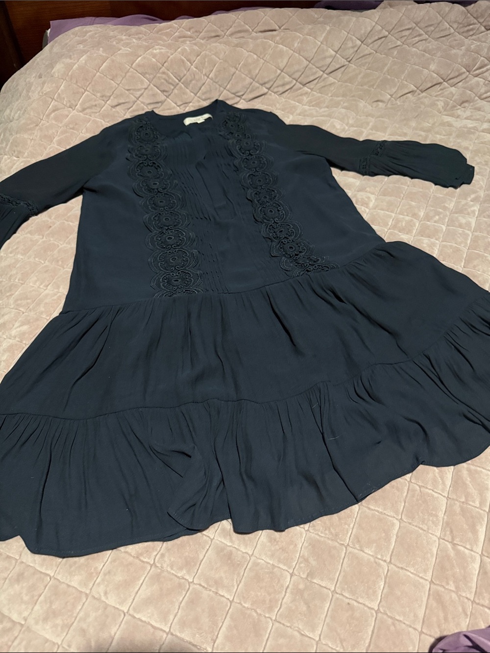 LOFT Dark Navy Long-Sleeve Tiered Dress with Lace Trim